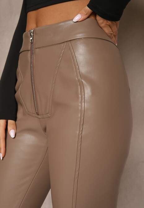 Beżowe Spodnie High Waist z Ekoskóry z Ozdobnym Suwakiem i Ociepleniem Ilanilith