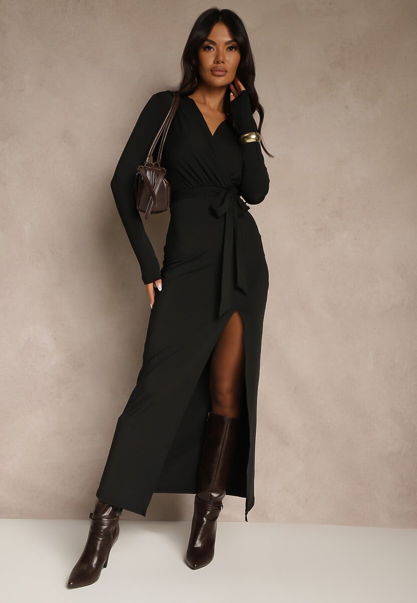 Brązowa Sukienka z Wiskozą o Kopertowym Kroju z Rozcięciem i Wiązanym Paskiem Tesela