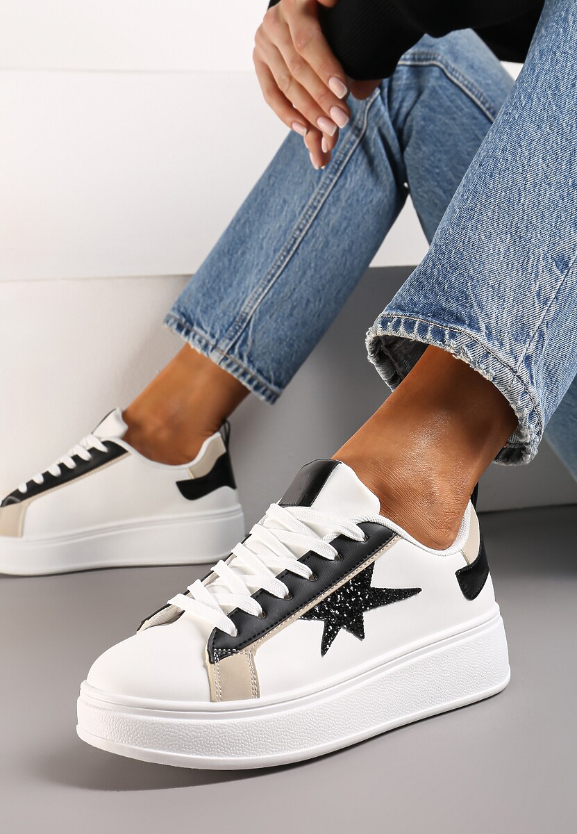 Biało-Beżowe Sneakersy na Platformie Ozdobione Gwiazdką z Brokatem Nislemia