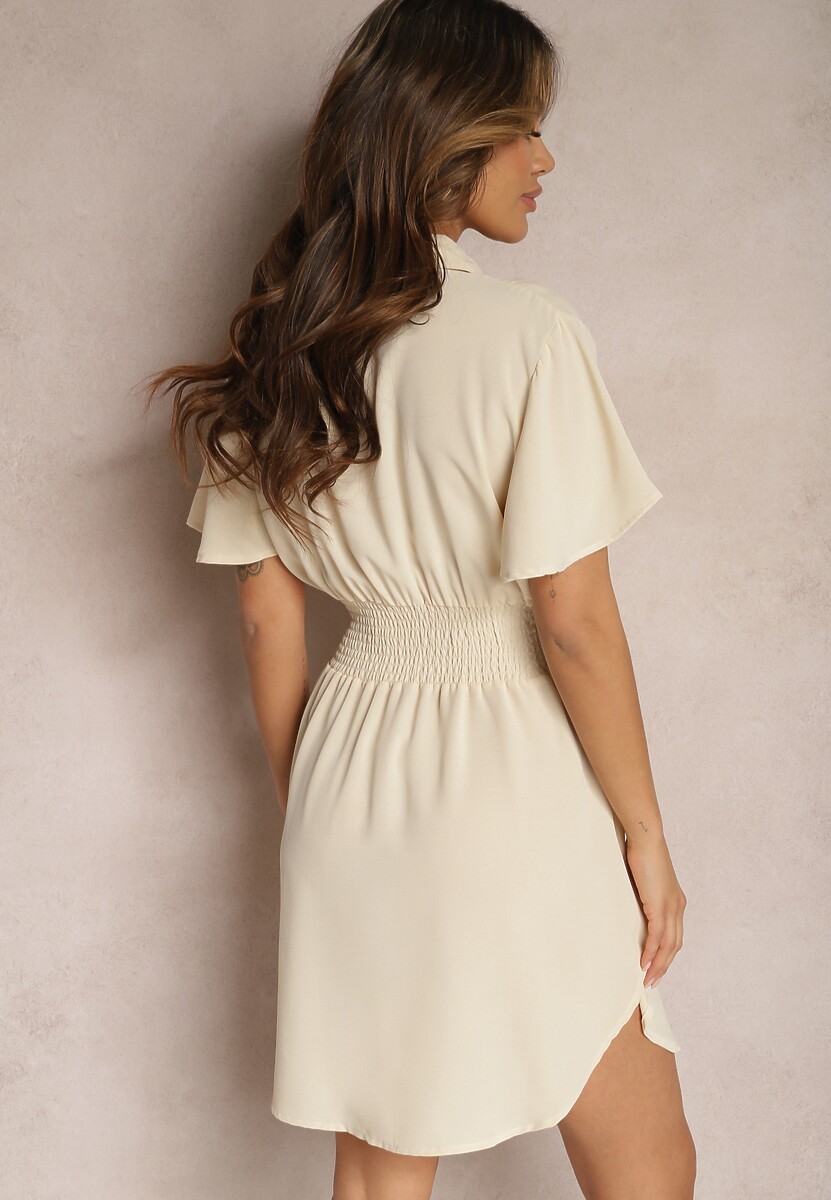 Beżowa Wiskozowa Sukienka Mini z Koszulową Górą o Rozkloszowanym Kroju Lerinka