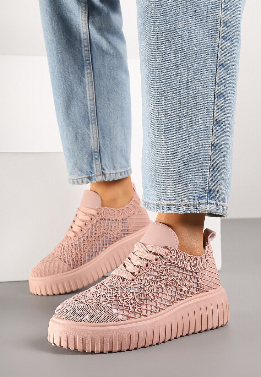 Różowe Sneakersy Vices na Platformie z Ażurową Cholewką Lumerise