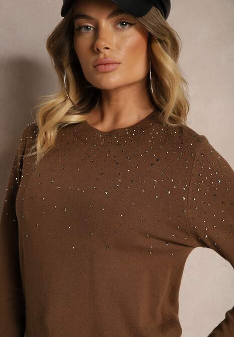 Brązowy Casualowy Sweter z Wiskozą z Ozdobnymi Detalami z Cyrkonii Edaloriae