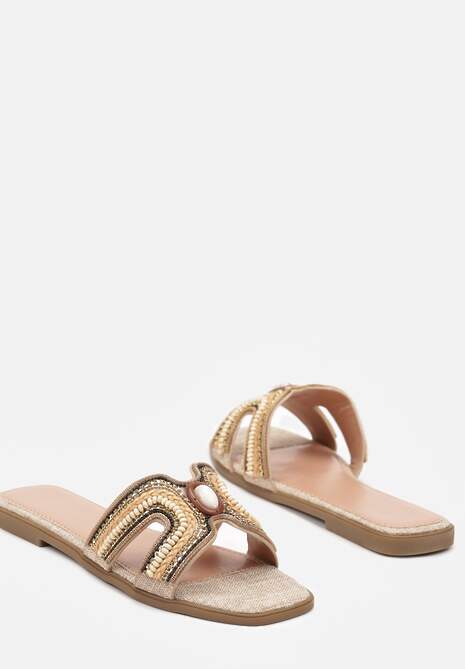 Brązowe Klapki w Stylu Boho z Ozdobnymi Kamieniami i Plecionką Dimly