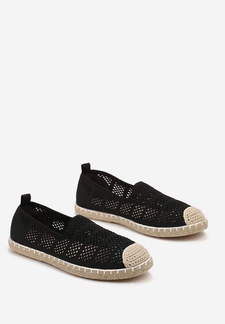 Czarne Ażurowe Espadryle Ozdobione Plecionką na Podeszwie i Nosku Tarniesa