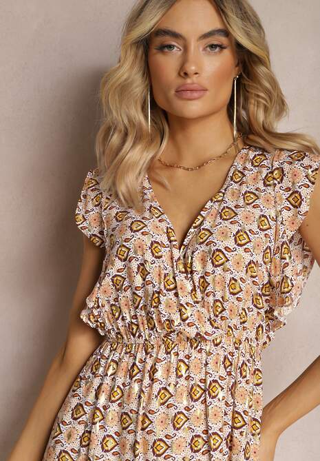 Beżowo-Żółta Sukienka z Gumką w Talii z Wiskozy w Abstrakcyjny Wzór Lianefa