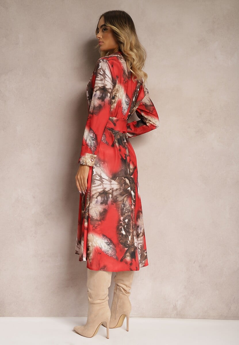 Czerwono-Brązowa Rozkloszowana Sukienka Midi z Paskiem z Klamrą Qirvina