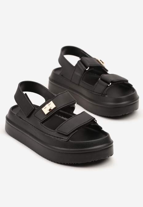 Czarne Sandały na Niskiej Platformie z Zapięciem na Rzep Sepinne