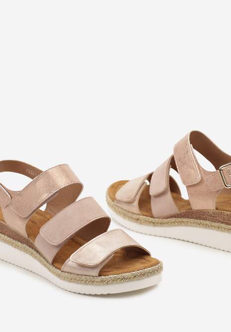 Różowe Sandały na Koturnie z Plecionką Zapinane na Rzepy Fanelina