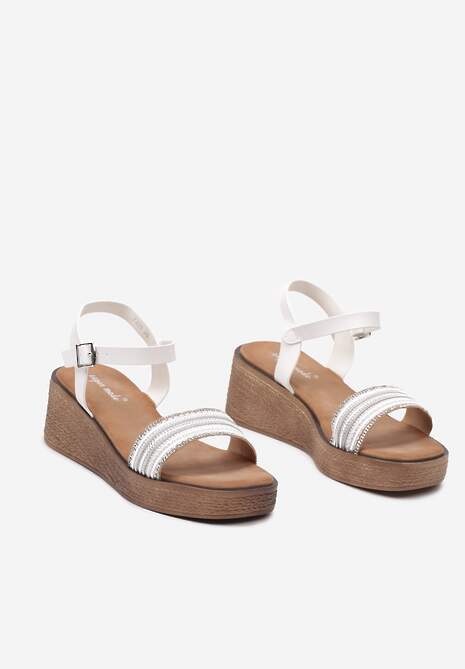 Białe Sandały Zapinane przy Kostce z Cyrkoniami na Koturnie Madoka