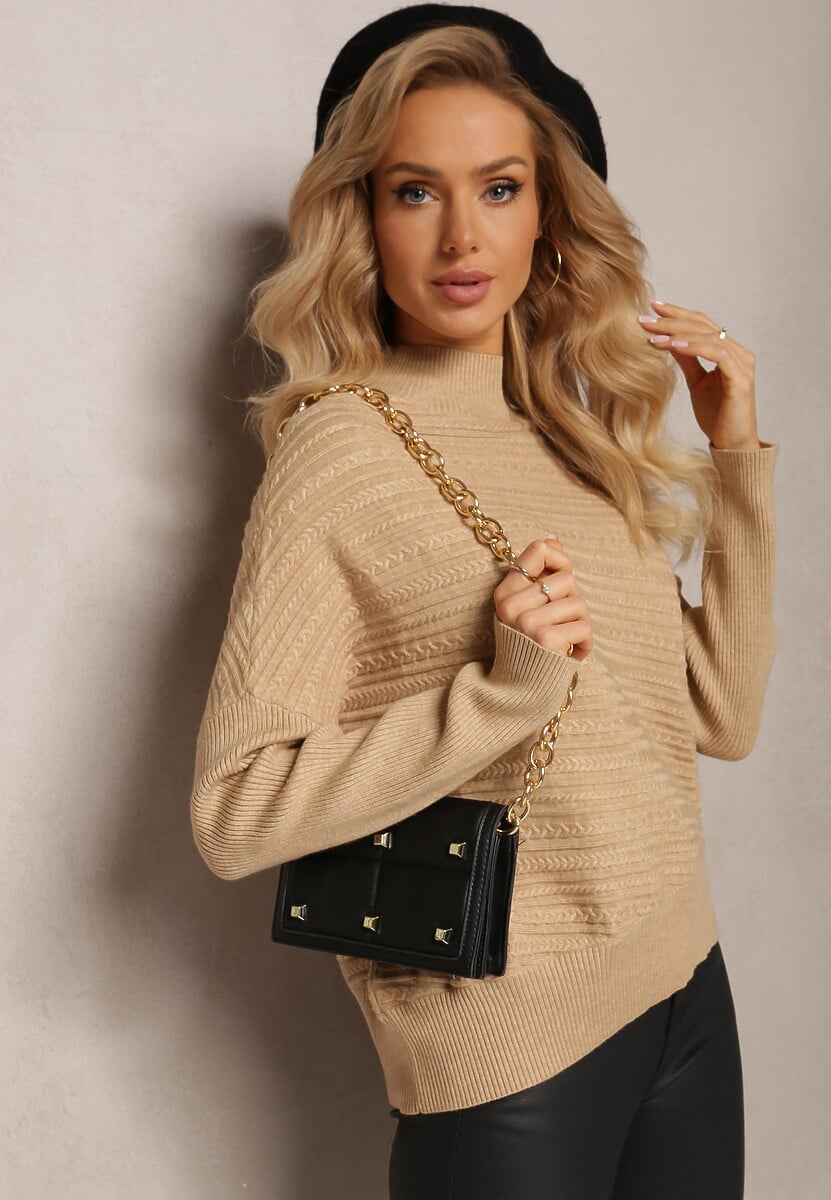 Jasnobeżowy Asymetryczny Sweter z Wełną Ozdobiony Tłoczeniem Aurorrsa