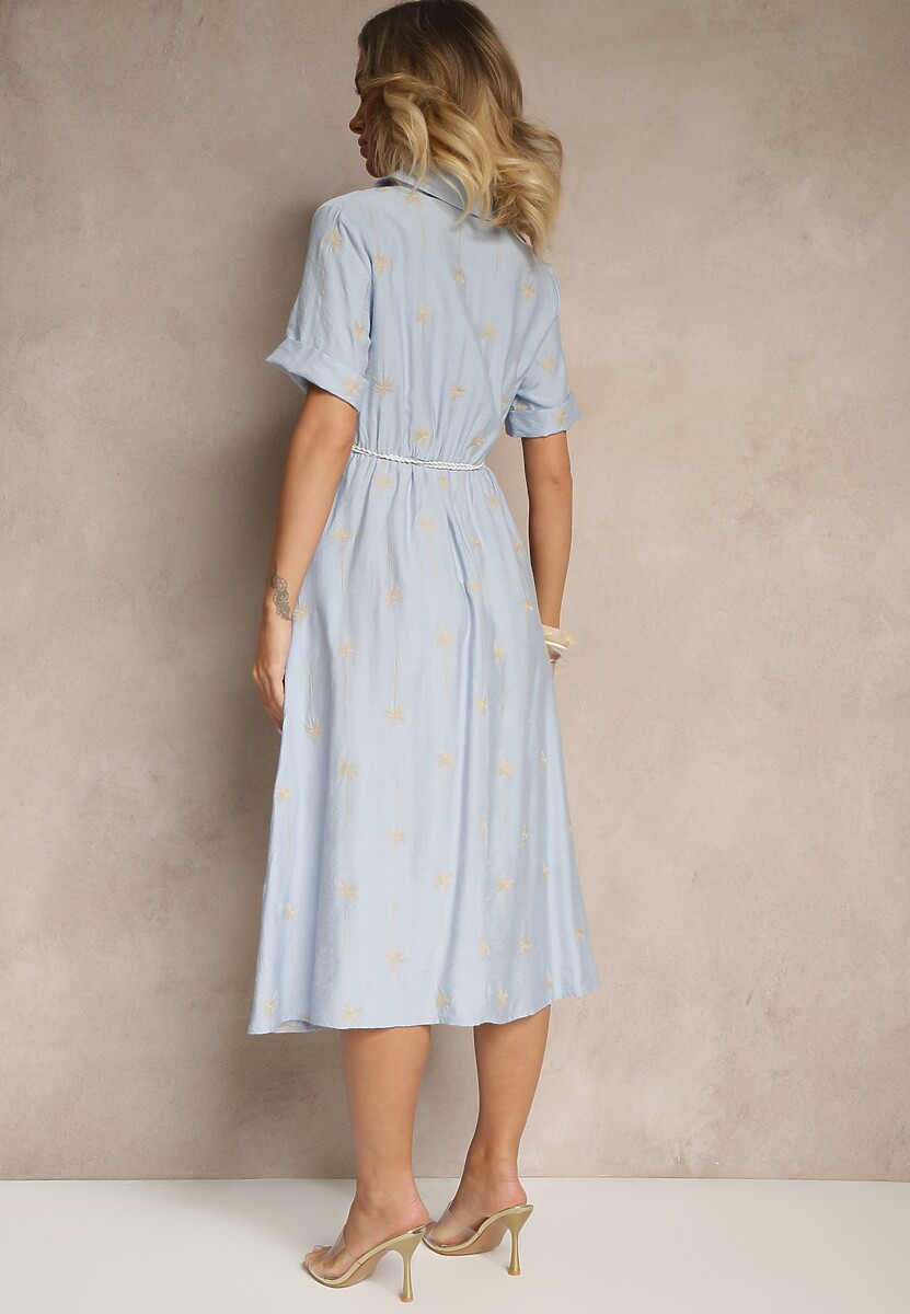 Niebieska Koszulowa Sukienka z Wiskozy o Rozkloszowanym Kroju z Wiązaniem Liselithra