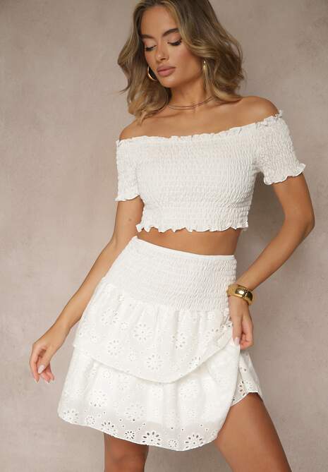 Biały Ażurowy Komplet z Bawełny Top w Hiszpańskim Stylu Spódnica z Gumką w Talii  Vimariah