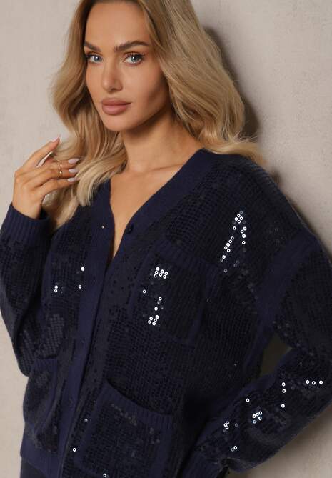 Granatowy Komplet z Dzianiny Ozdobiony Cekinami Spódnica Ołówkowa i Kardigan Linarith