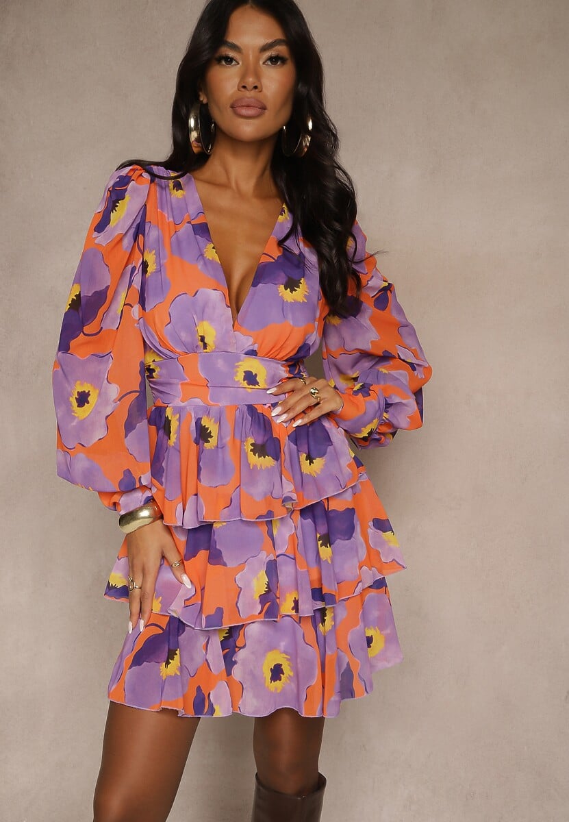 Fioletowa Sukienka Mini z Falbankami Baelyn