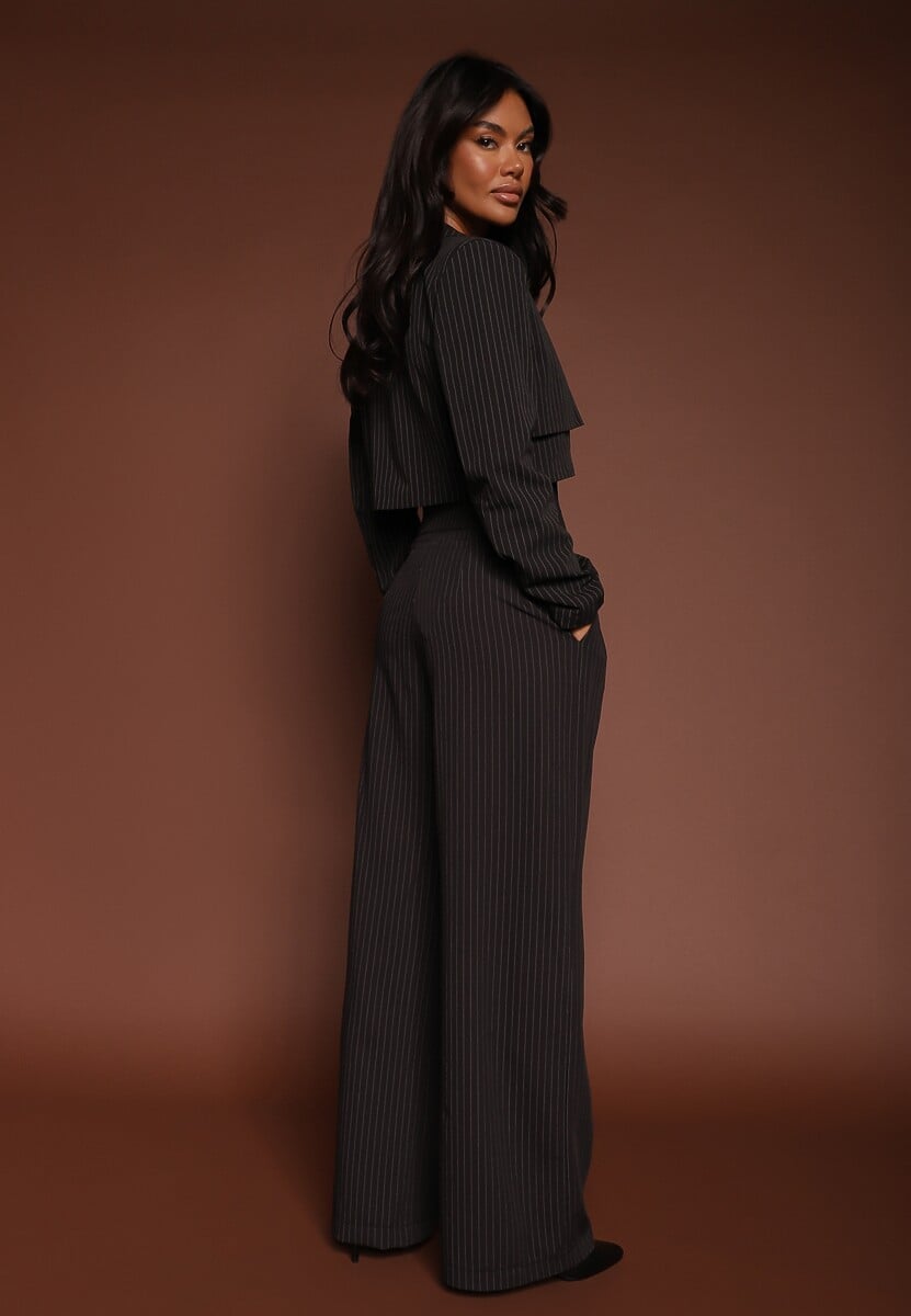 Czarny Komplet Garniturowy Marynarka Cropped i Szerokie Spodnie Mairilee