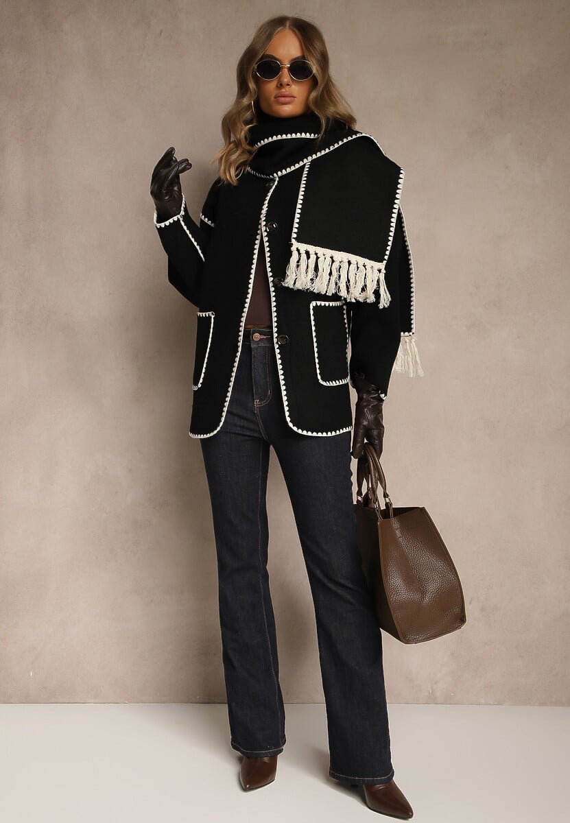 Czarna Kurtka Oversize z Szalikiem i Ozdobnymi Przeszyciami Claritila