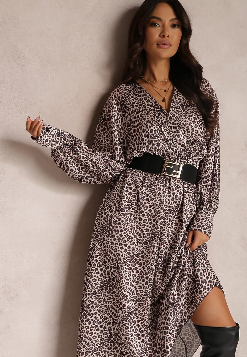 Beżowo-Brązowa Sukienka Rozkloszowana z Gumką w Pasie Philida