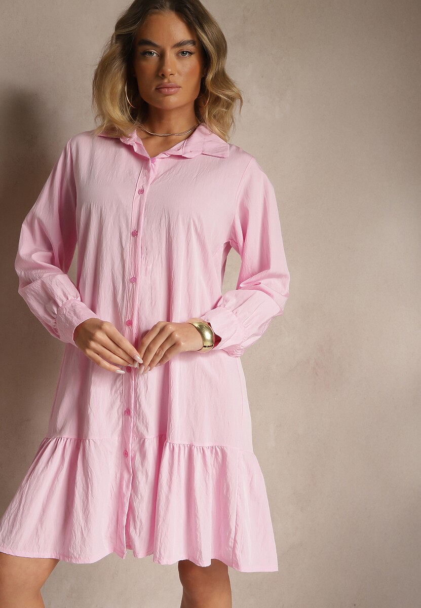 Różowa Koszulowa Sukienka z Wiskozą Zakończona Falbanką Tirzedi