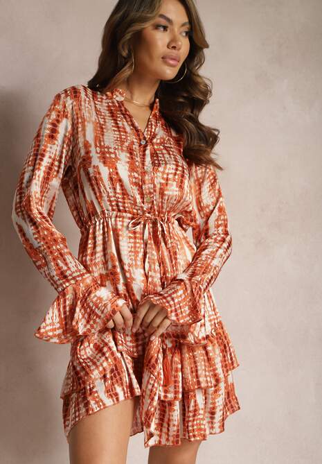 Pomarańczowa Rozkloszowana Sukienka w Akwarelowy Wzór z Falbankami Heava