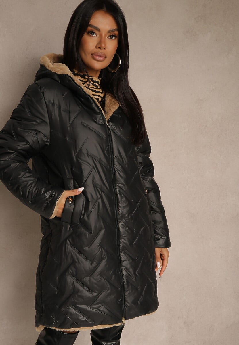 Ciemnobeżowa Pikowana Kurtka Dwustronna o Długim Kroju z Kapturem Olettia