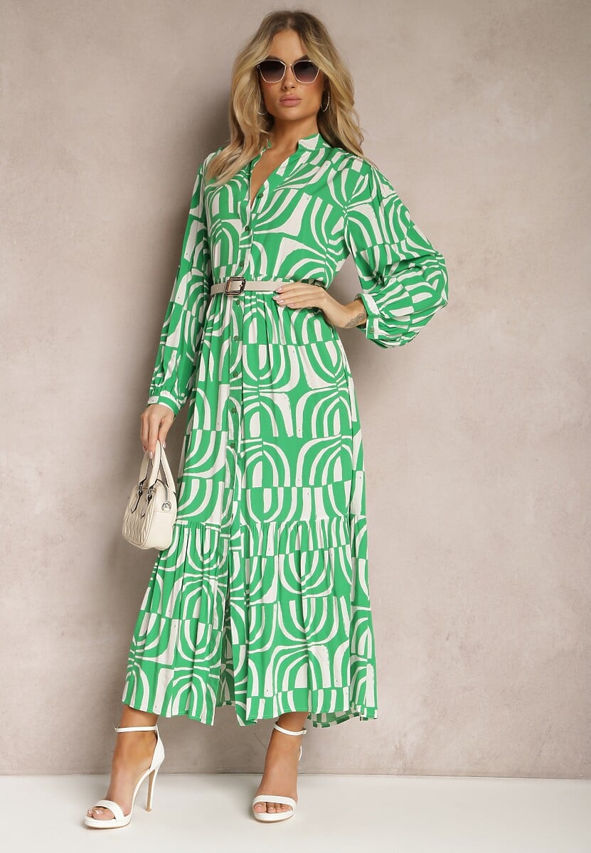 Zielona Długa Sukienka Rozkloszowana w Geometryczne Wzory z Kołnierzykiem Skulle