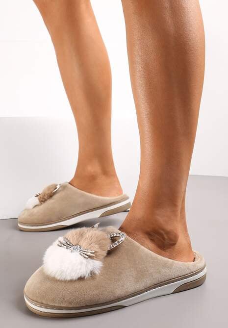 Ciemnobeżowe Kapcie Futrzane z Kotkiem Leze