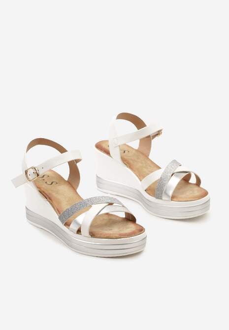 Białe Casualowe Sandały na Ozdobnym Koturnie z Brokatem Effiola