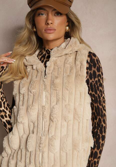 Beżowa Długa Kamizelka z Futerka Zapinana na Suwak z Kapturem Vioresa