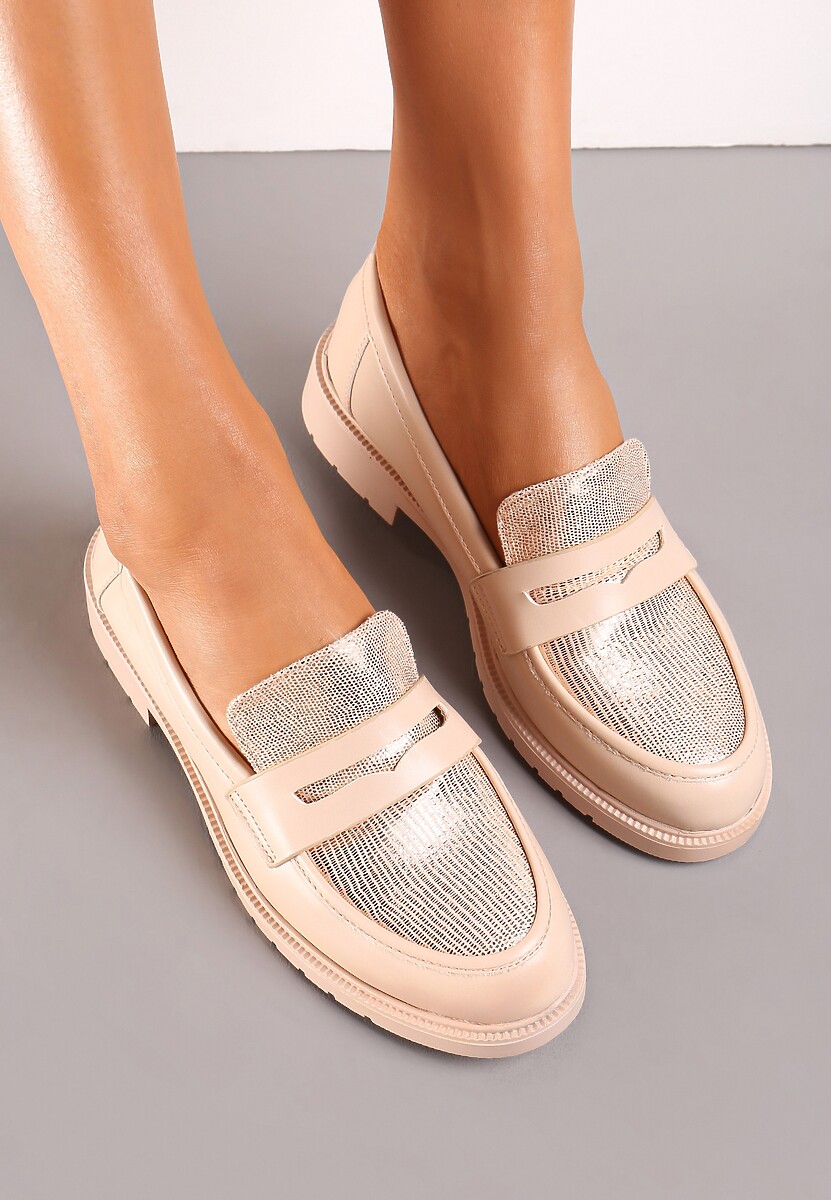Beżowe Wsuwane Mokasyny na Płaskim Obcasie Ovelleme