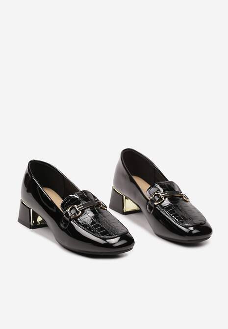 Czarne Lakierowane Półbuty na Słupkowym Obcasie z Klamerką i Cyrkoniami Iloenni