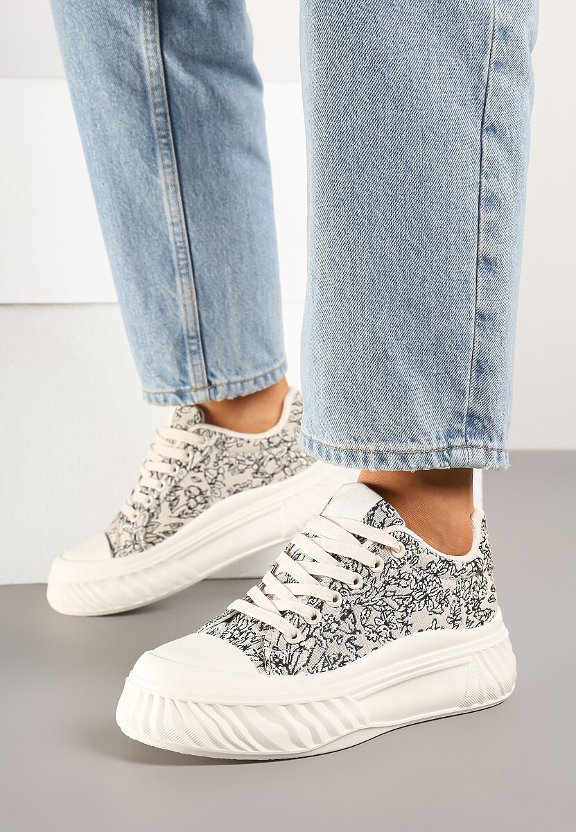 Beżowo-Czarne Trampki na Platformie z Tłoczeniem Ozdobione Abstrakcyjnym Wzorem Desanovia