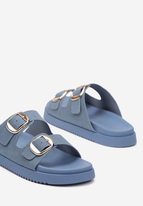 Niebieskie Klapki na Płaskiej Podeszwie z Szerokimi Paskami i Klamrami Risao