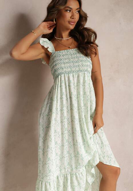 Zielona Maxi Sukienka Rozkloszowana na Ramiączkach z Falbankami Azah