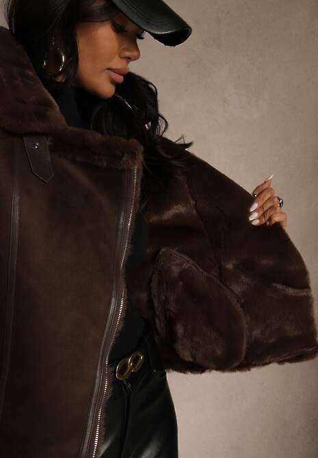 Brązowa Kurtka Biker z Imitacji Zamszu Zdobiona Futerkiem Awedora