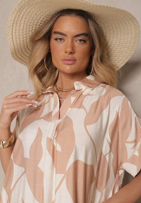 Brązowa Rozkloszowana Sukienka w Abstrakcyjny Wzór z Bawełną Telianiela