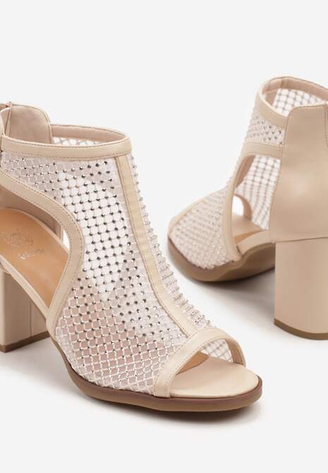 Beżowe Botki Sandały z Siateczkową Błyszczącą Cholewką Nolmio