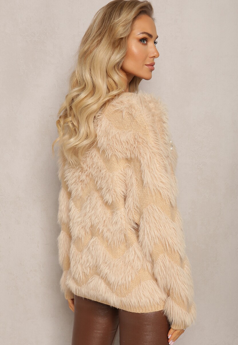 Beżowy Kardigan z Dłuższym Włosiem w Perły i Cyrkonie Aretina