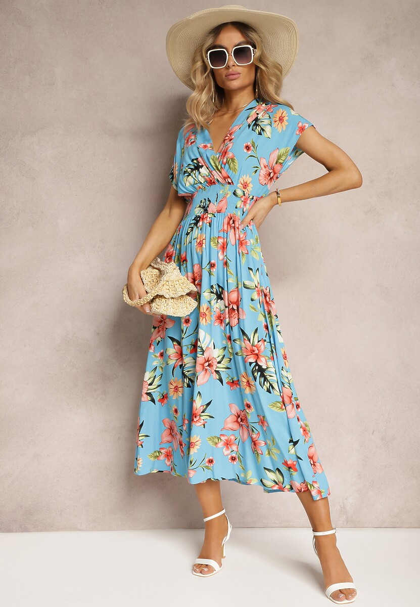 Niebieska Kopertowa Sukienka w Kwiaty z Gumką w Talii Nobbia