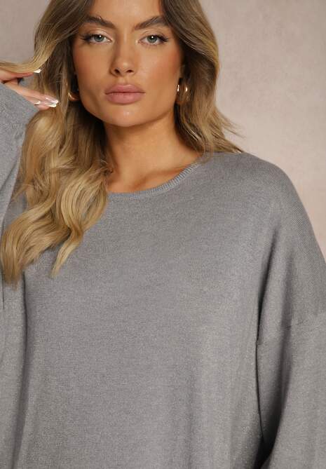 Szara Sukienka z Wiskozą o Pudełkowym Kroju z Metaliczną Nicią i Szerokimi Rękawami Arkina