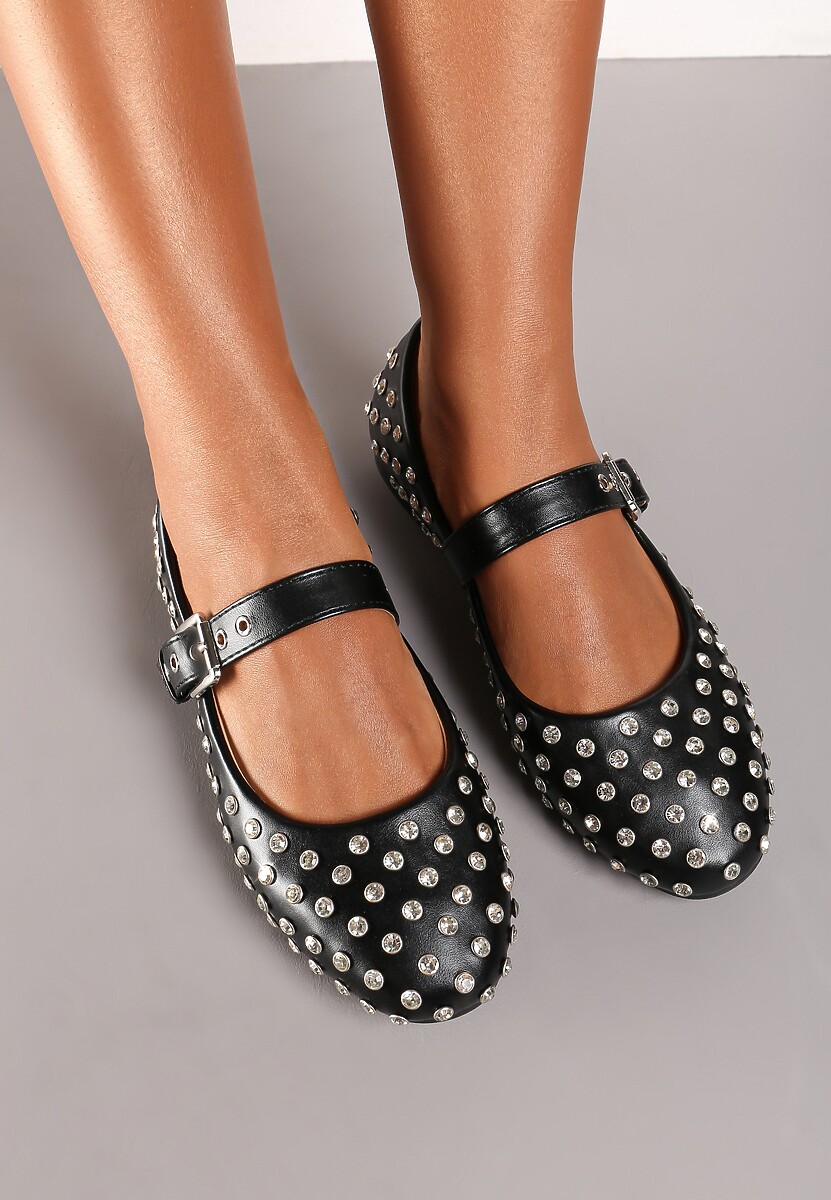 Czarne Balerinki Zapinane na Pasek Ozdobione Cyrkoniami Terilitha