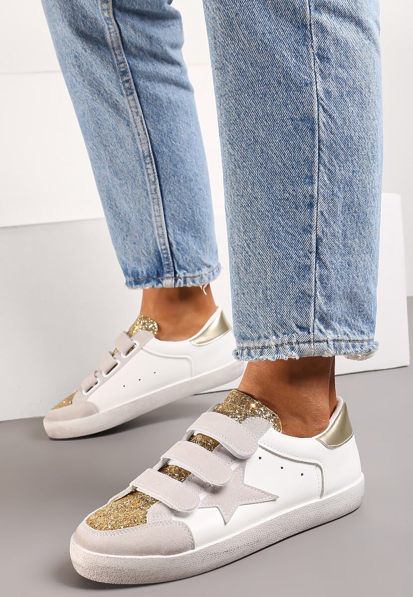 Złoto-Białe Sneakersy Ozdobione Brokatem z Rzepami Dolanda