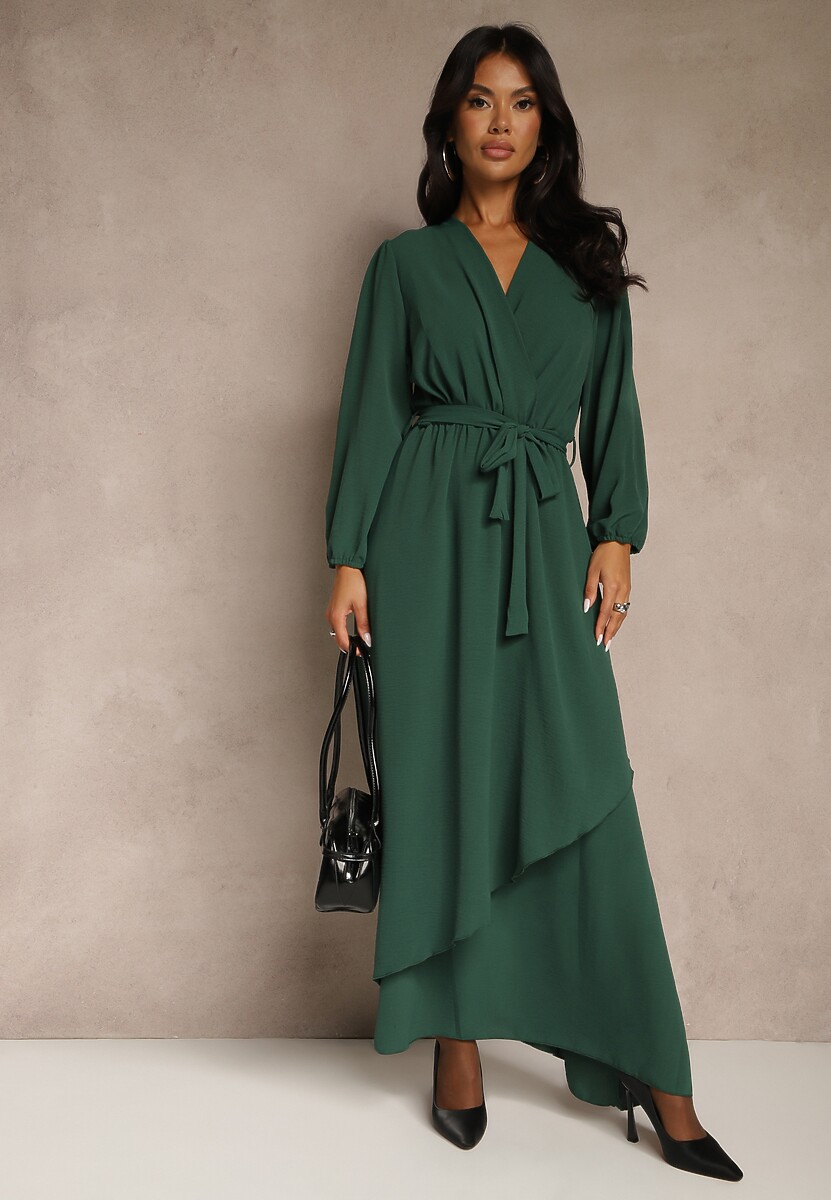 Zielona Asymetryczna Koktajlowa Sukienka z Wiskozą Kopertowym Dekoltem i Paskiem Laniea