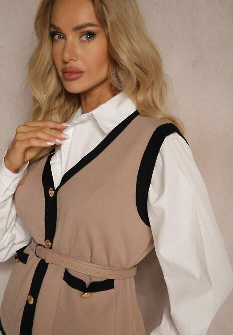 Beżowy Komplet z Dodatkiem Wiskozy Szerokie Spodnie Kamizelka z Paskiem Koszula Armelia