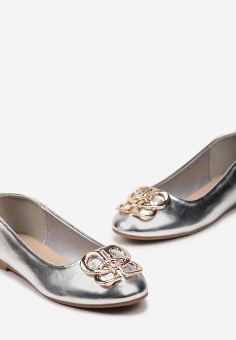 Srebrne Balerinki Klasyczne Wsuwane ze Złotą Ozdobą z Metalu Tarins