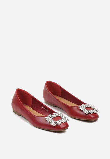 Bordowo-Czerwone Balerinki na Płaskiej Podeszwie z Metaliczną Ozdobą Oranivia