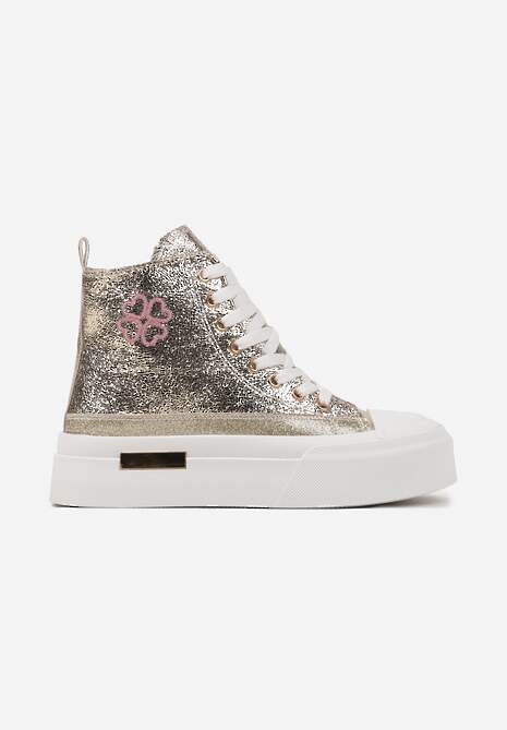 Złote Trampki na Platformie z Wysoką Cholewką Ozdobione Haftem Fonaril