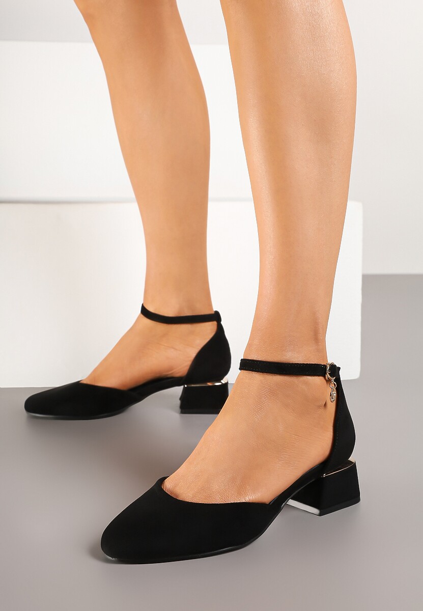 Czarne Czółenka Vices na Słupku z Wkładką ze Skóry Naturalnej i Metaliczną Ozdobą Velori