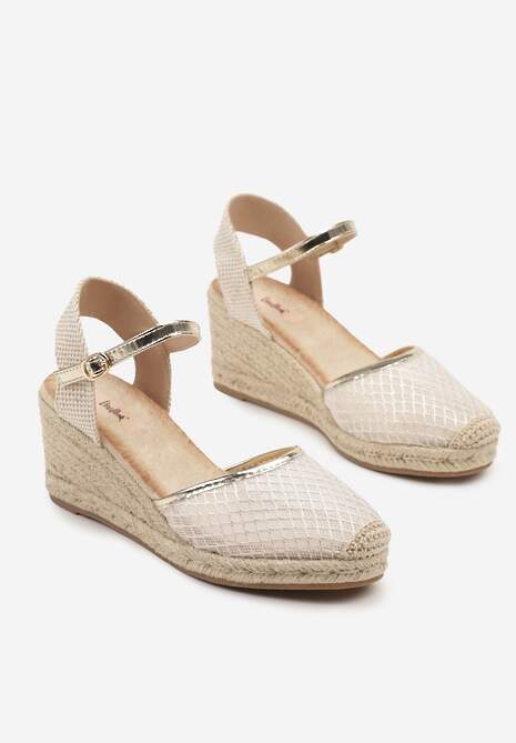 Złote Sandały w Stylu Espadryli z Plecionką i Siateczką Meranella