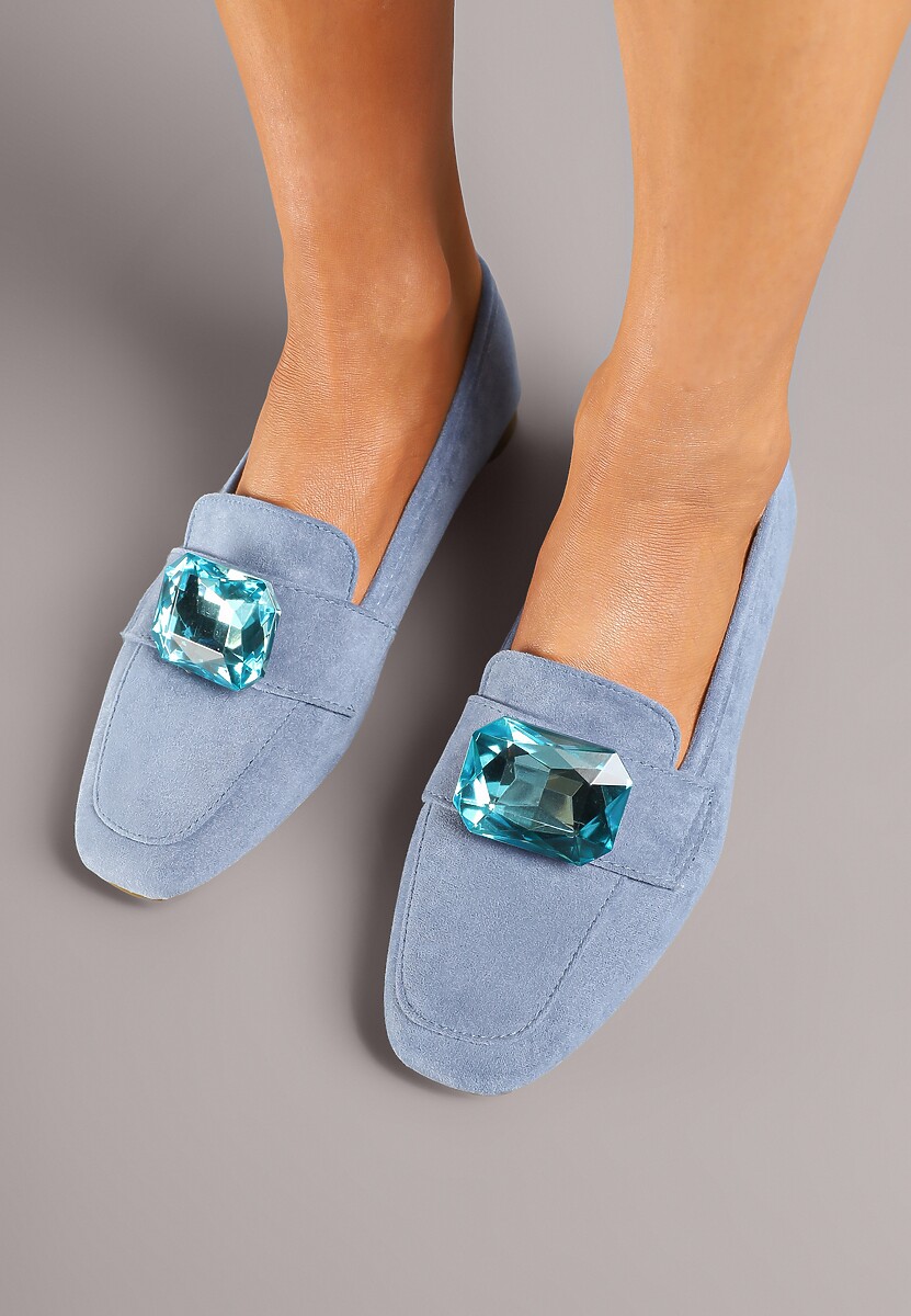 Niebieskie Mokasyny z Ekozamszu Zdobione Aplikacją z Dużą Cyrkonią Zidanira