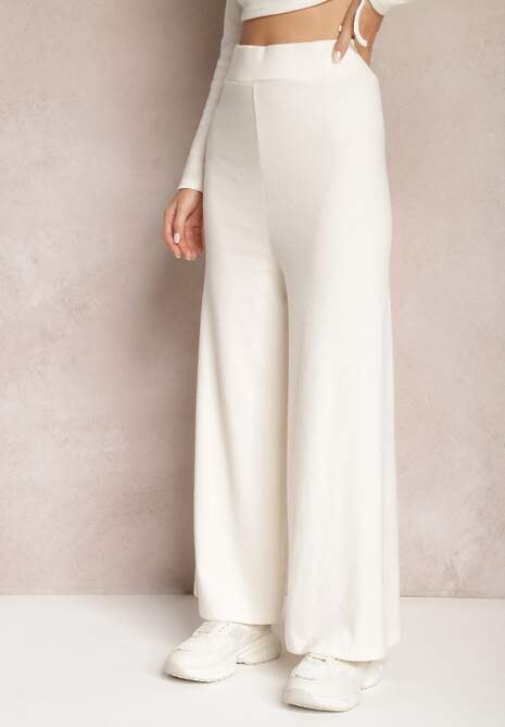 Jasnobeżowe Spodnie o Fasonie Culotte z Gumką w Talii Chakra